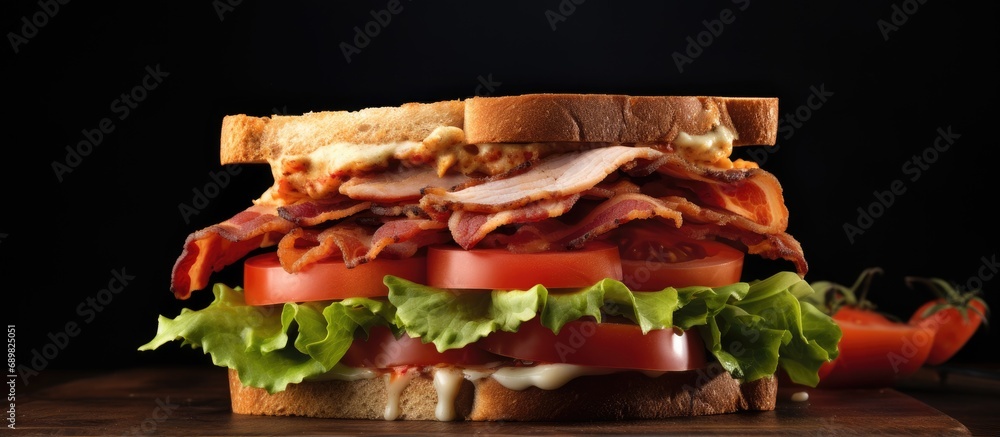 Leinwandbilder club sandwich with chicken breast bacon tomato cucumber and herbs top view. copyspace image. square 