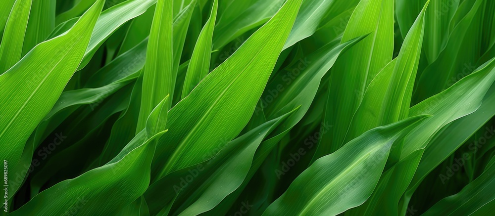 Aufkleber close up of green corn leaves refreshing for background. copyspace image. square banner. header for 