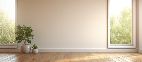 an empty room with wood flooring and white shuttered window coverings on either side of the room there is a view. Copyspace image. Square banner. Header for website template