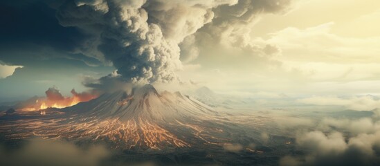 ash plume through clouds of an active volcano. Copyspace image. Square banner. Header for website template - obrazy, fototapety, plakaty