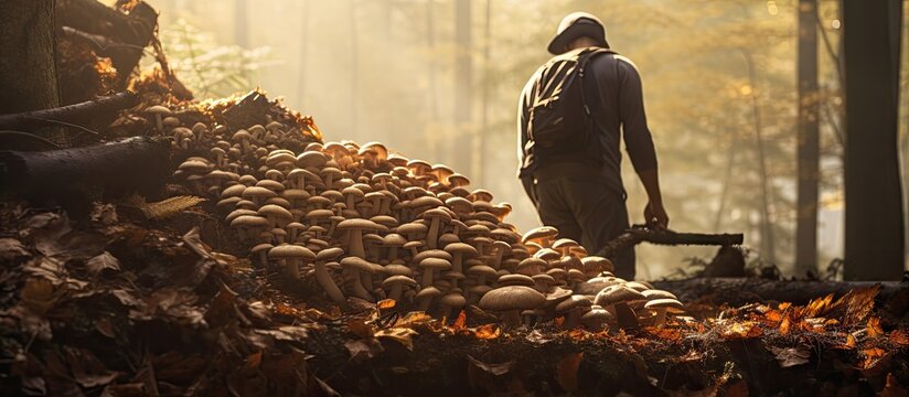 A young male mushroom picker with a large basket looks for collects mushrooms in the forest Mushroom picking in season. Copyspace image. Square banner. Header for website template