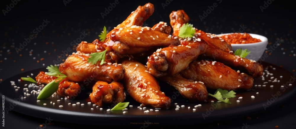 Poster baked barbecue chicken wings with white sesame. Copyspace image. Square banner. Header for website template