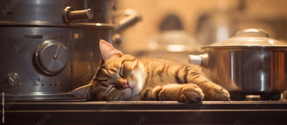 Poster cat sleeping on stove fireplace in home room. copyspace image. square banner. header for website tem