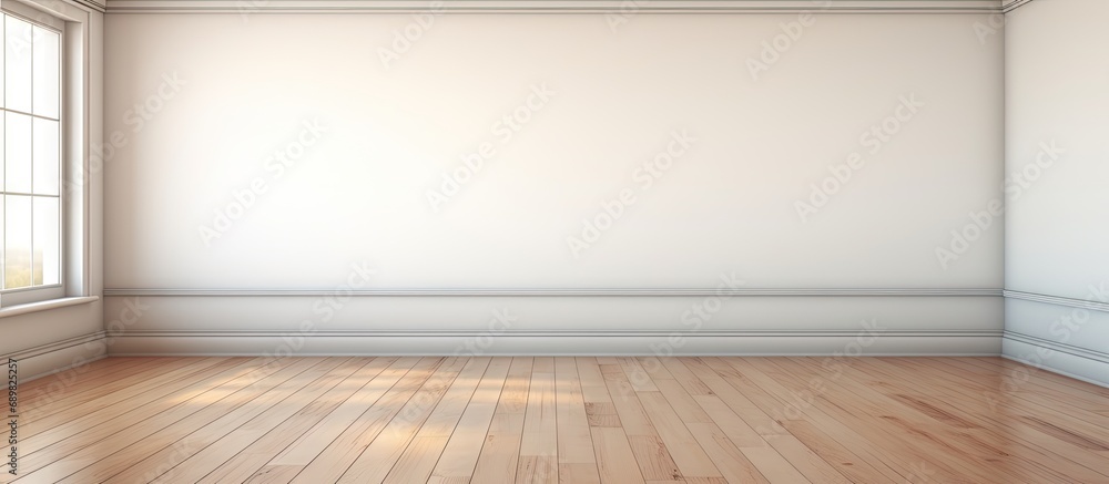 Poster an empty room with wood flooring and white shuttered window coverings on either side of the room there is a view. Copyspace image. Square banner. Header for website template