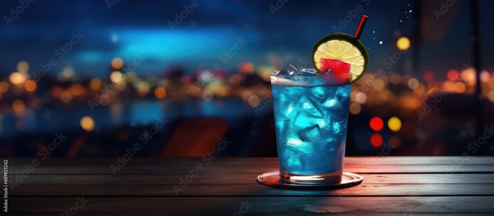 Aufkleber burger pub outdoor table night time cocktail. copyspace image. square banner. header for website tem