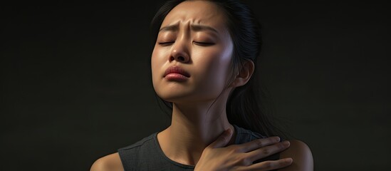 Asian woman have allergy reactions to shrimp or seafood have problems with rash itching and hives on the skin. Copyspace image. Square banner. Header for website template