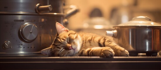 Cat sleeping on stove fireplace in home room. Copyspace image. Square banner. Header for website template