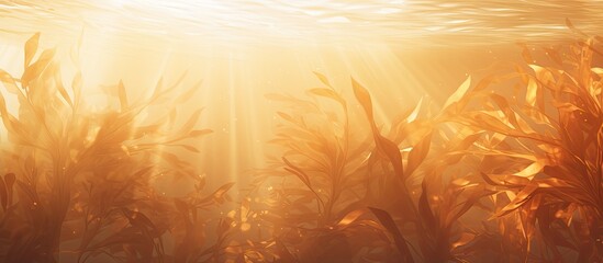 Brown sea weeds forming bushes on flat bottom in shallow water where there is plenty of light. Copyspace image. Square banner. Header for website template - obrazy, fototapety, plakaty