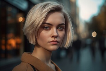 Lady with short blonde hairdo street portrait. Female model posing on urban boulevard. Generate ai