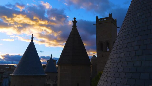 Sunset in the town and castle in the town and municipality of Olite. Navarre. Spain. Europe