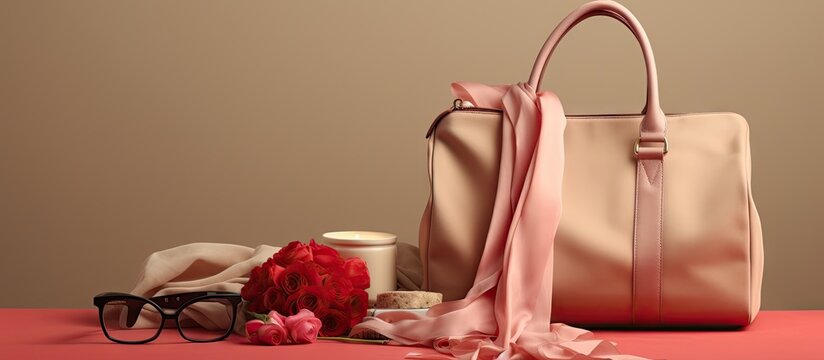 Beige Pink Bag with Content Spilling out Showing Make up Red Scarf Notebook laptop and Magazine. Copyspace image. Square banner. Header for website template