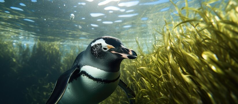 Close up of a Rockhopper Penguin swimming in a kelp forest looking for food. Copyspace image. Square banner. Header for website template