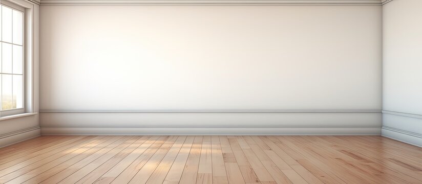 an empty room with wood flooring and white shuttered window coverings on either side of the room there is a view. Copyspace image. Square banner. Header for website template