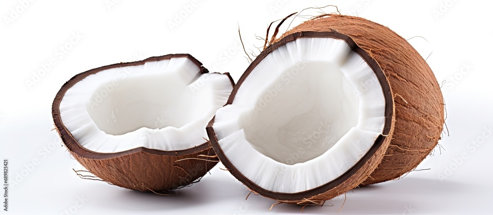 Leinwandbilder coconut with half and leaves on white background. copyspace image. square banner. header for website
