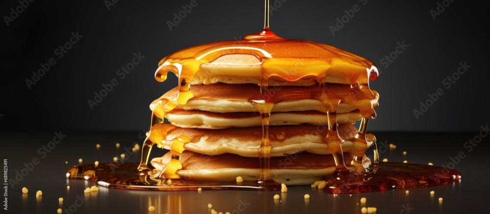 Aufkleber delicious pancakes in a stack with melting butter and maple syrup. copyspace image. square banner. h