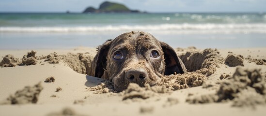 Dog burying his head in the sand at Sennen beach Cornwall. Copyspace image. Square banner. Header for website template - Powered by Adobe