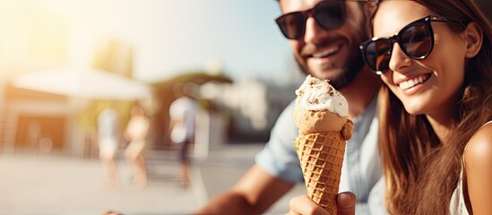 A beautiful young couple with sunglasses are sitting outdoors and having ice creams in cornet. Copyspace image. Square banner. Header for website template