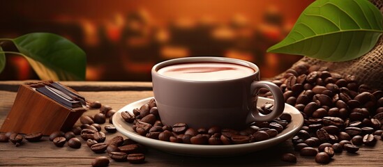 Delicious hot cocoa with chocolate and cocoa beans. Copyspace image. Square banner. Header for...