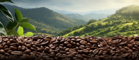 Cup of Coffee beans farm special fruit sunlight caffeine fire cozy wood ranch plant plantation mocha arabica seeds roasted. Copyspace image. Square banner. Header for website template - obrazy, fototapety, plakaty