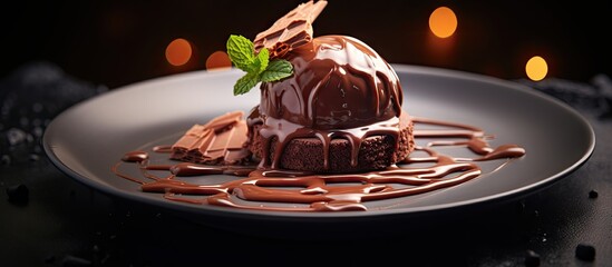 Chocolate ice cream with dark chocolate on a plate Close up. Copyspace image. Square banner. Header...