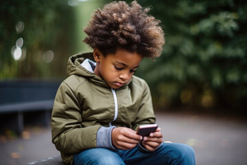 Young kid sitting outdoors focused on using a mobile phone