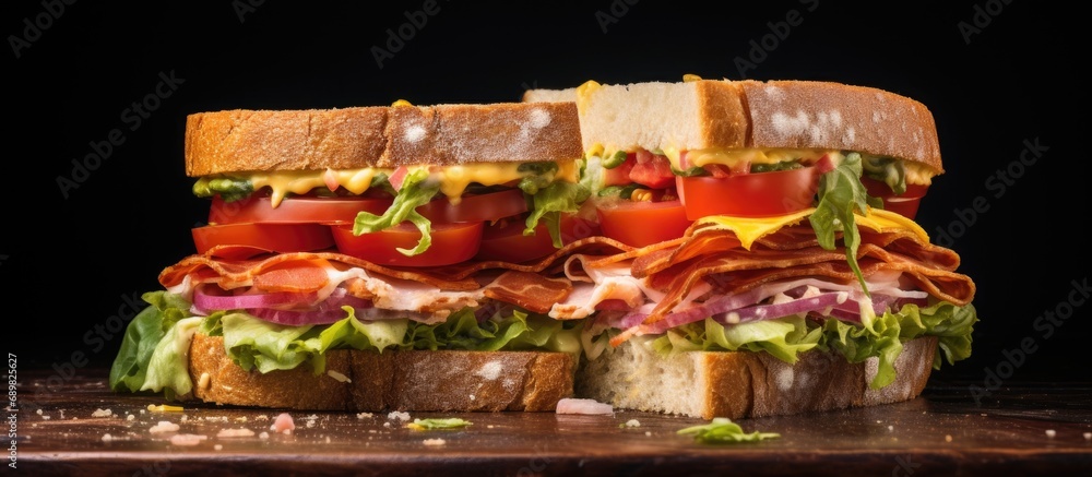 Aufkleber Cafe Sandwich with bacon cheese ham and vegetables. Copyspace image. Square banner. Header for website template