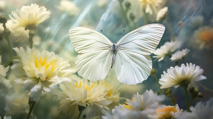 Cabbage White Butterfly Perched on a Blurred Blooming Flower Background