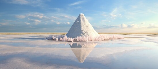 A pyramid of sea salt drying on the edges of the salt marsh. Copyspace image. Square banner. Header for website template