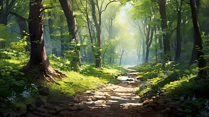 Blurred Forest Path in Spring Dappled with Sunlight and Surrounded by Green Trees