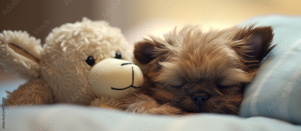 Aufkleber cute dog sleeps in bed with a fluffy toy hare top view brussels griffon resting at home in a clean w