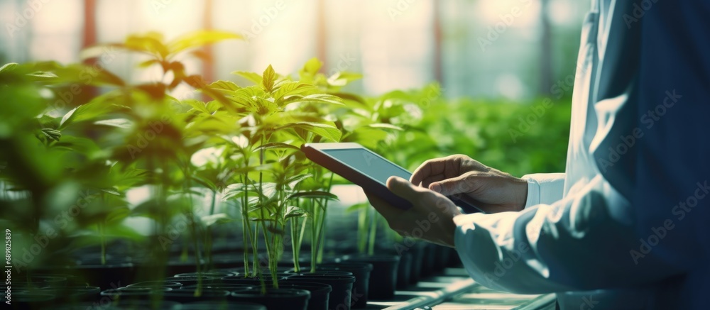 Poster Agricultural Engineers Test Plants Health and Analyze Data with Tablet Computer Biotechnology engineer examining plant leaf for disease. Copyspace image. Square banner. Header for website template