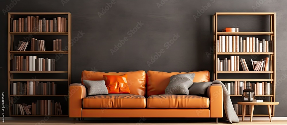 Poster cozy living room with sofa bookcase and rug. copyspace image. square banner. header for website temp