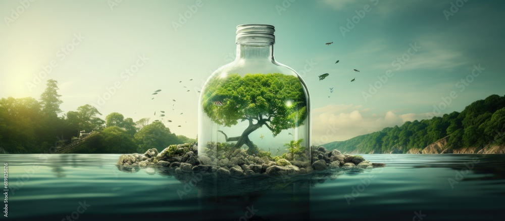 Aufkleber concept of choice save nature or continue to use disposable plastic one hand holding beautiful shell