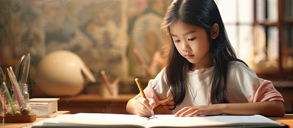 Aufkleber asian girl studying in the living room writing with notebook and pencil. copyspace image. square ban