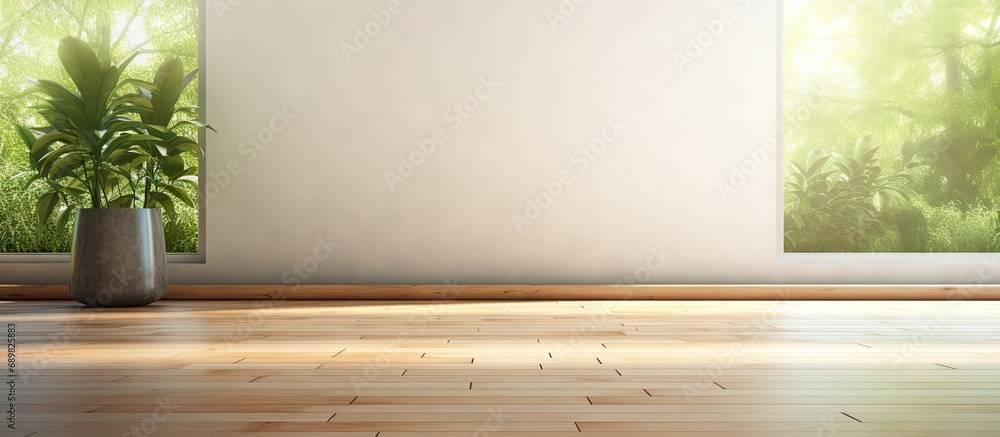 Aufkleber an empty room with wood flooring and white shuttered window coverings on either side of the room there is a view. Copyspace image. Square banner. Header for website template