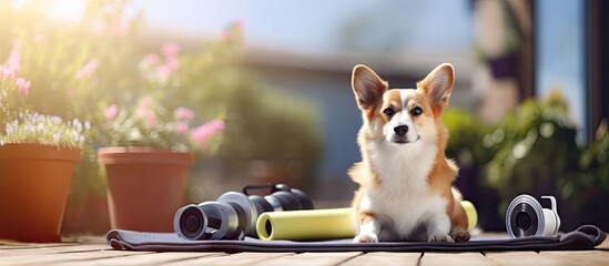 A healthy woman playing with a corgi puppy while excersing on yoga mat surrounding with gym tools such as kettlebell and dumbbell outdoor training with dog. Copyspace image. Square banner - Powered by Adobe