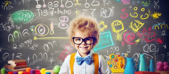 Child with dyslexia is standing in front of a whiteboard with many letters in elementary school. Copyspace image. Square banner. Header for website template - obrazy, fototapety, plakaty