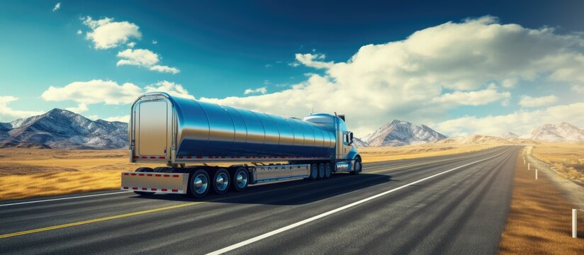 Commercial big rig blue industrial long haul semi truck transporting liquid cargo in tank semi trailer driving on the multiline interstate highway road with one way traffic direction. Copyspace image