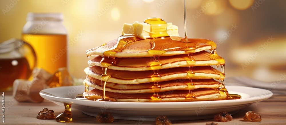 Aufkleber delicious pancakes in a stack with melting butter and maple syrup. Copyspace image. Square banner. Header for website template