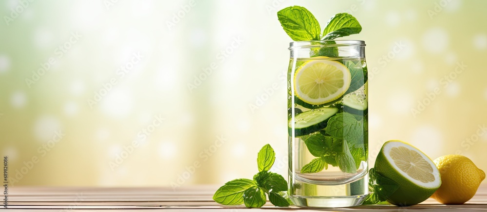 Leinwandbilder Cucumber infused detox water in a glass with ice Homemade flavored lemonade Fresh cucumber lemonade with basil and lemon in a glass. Copyspace image. Square banner. Header for website template