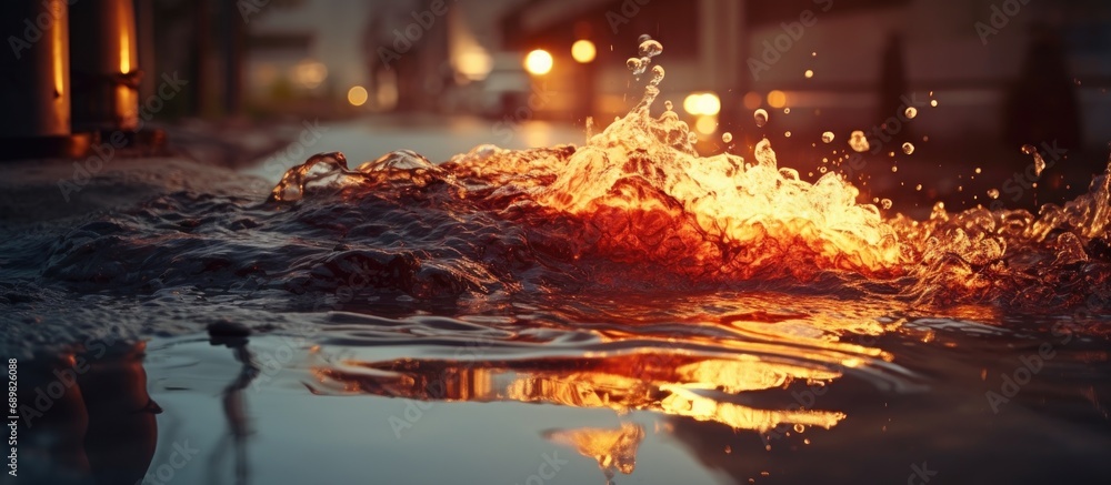 Poster crude oil or dirty fluid is drainage into the public water place it floating on the water surface in