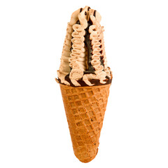 Chocolate and vanilla ice cream in waffle cones isolated on white .