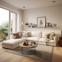 Studio apartment with white corner sofa. Scandinavian home interior design of modern living room.