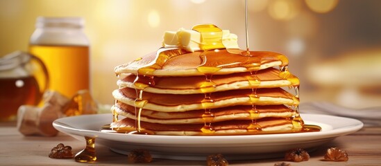 delicious pancakes in a stack with melting butter and maple syrup. Copyspace image. Square banner. Header for website template - Powered by Adobe