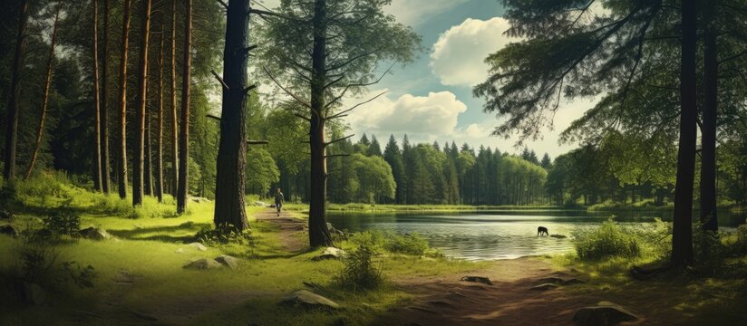 A walk in the woods on the shore of the lake. Copyspace image. Square banner. Header for website template