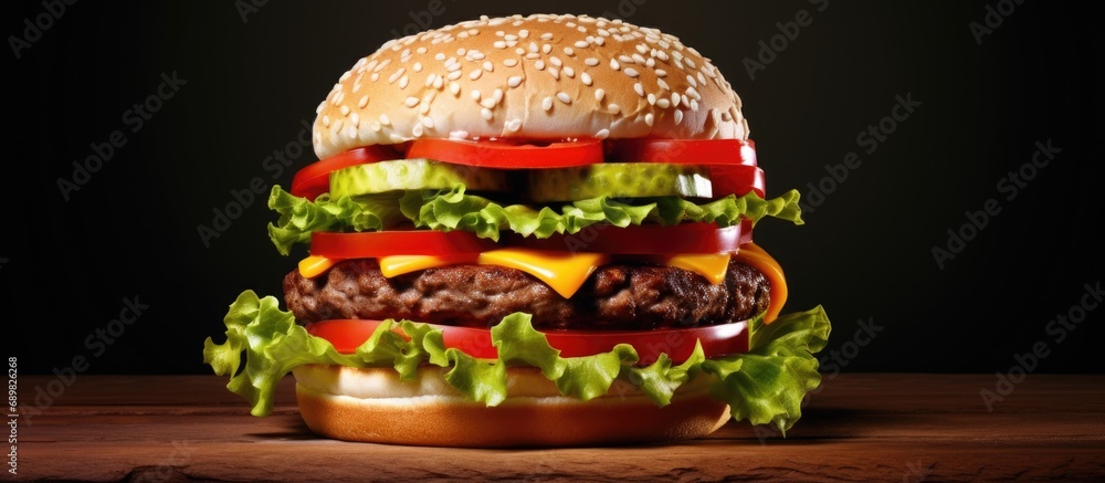 Poster cheddar cheeseburger with tomato and lettuce. Copyspace image. Square banner. Header for website template