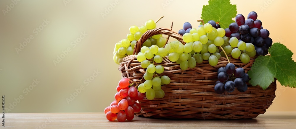 Leinwandbilder bunches of white and pink grapes in a wicker basket. copyspace image. square banner. header for webs