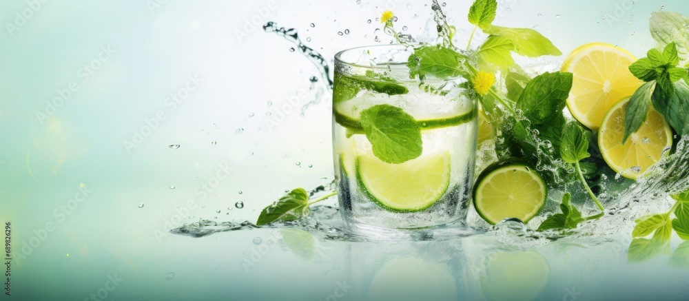 Leinwandbilder Cucumber infused detox water in a glass with ice Homemade flavored lemonade Fresh cucumber lemonade with basil and lemon in a glass. Copyspace image. Square banner. Header for website template