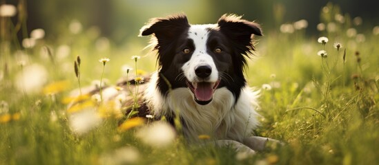 A cheerful Border Collie dog joyfully lying in a meadow tongue out. Copyspace image. Square banner. Header for website template