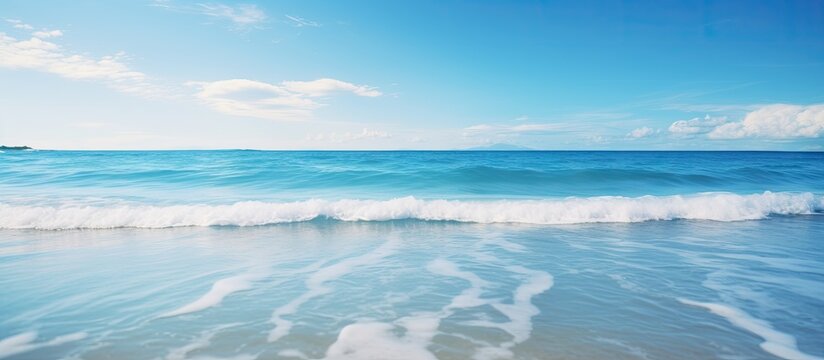 Blue clear sea and sky Ocean with waves and clear blue sky selective focus. Copyspace image. Square banner. Header for website template